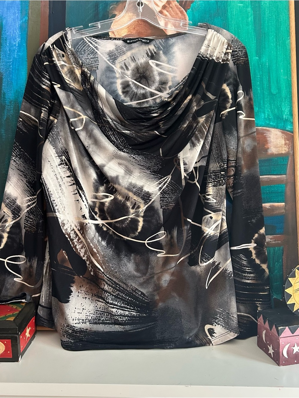 Bianca Nygård Black Grey Abstract Print Cowl Neck Long Sleeve Top L